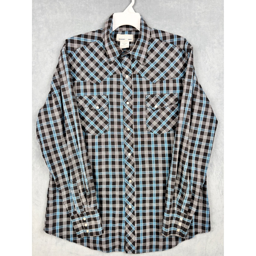 Wrangler Wrancher Mens Large Blue Black Plaid Western Pearl Snap Shirt MTW1406